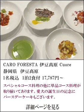 CARO-FORESTA-伊豆高原-Cuore　静岡県伊豆高原　1名税込1泊2食付17,787円～　スペシャルコース料理の他に単品コース料理が取り揃えてあります。愛犬の誕生日の記念にバースデーケーキもございます。　詳細ページを見る