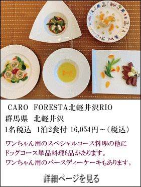 CARO-FORESTA-北軽井沢-RIO　群馬県北軽井沢　1名税込1泊2食付16,054円～（税込）　ワンちゃん用のスペシャルコース料理の他にドッグコース単品料理6品があります。ワンちゃん用のバースデイーケーキもあります。　詳細ページを見る