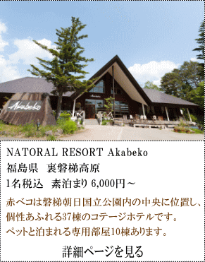 NATORAL-RESORT-AKABEKO　福島県裏磐梯高原　1名税込素泊まり6,000円～　赤べこは磐梯朝日国立高園内の中央に位置し、個性あふれる37棟のコテージです。ペットと泊まれる専用部屋10棟あります。　詳細ページを見る