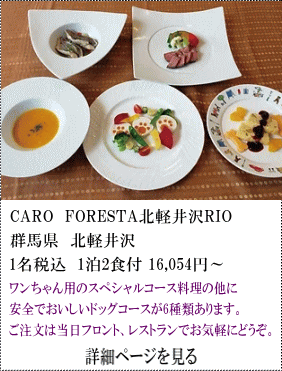 CARO -FORESTA-北軽井沢PIO　群馬県北軽井沢　1名税込1泊2食付16,054円～　ワンちゃん用のスペシャルコース料理の他に安全でおいしいドッグコースが6種類あります。ご注文は、当日フロント、レストランでお気軽にどうぞ。　詳細ページを見る