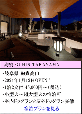 狗賓GUHIN TAKAYAMA　岐阜県狗賓高山　2024年1月12日OPEN！1泊2食付45,000円～（税込）　小型犬～超大型犬の宿泊可　室内ドッグラン、屋外ドッグラン完備　宿泊プランを見る