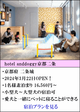 hotel anddoggy京都二条　京都府二条城　2024年3月22日OPEN！　1名様素泊まり16,560円～　小型犬～大型犬の宿泊可　愛犬と一緒にベッドに寝ることができる　宿泊プランを見る