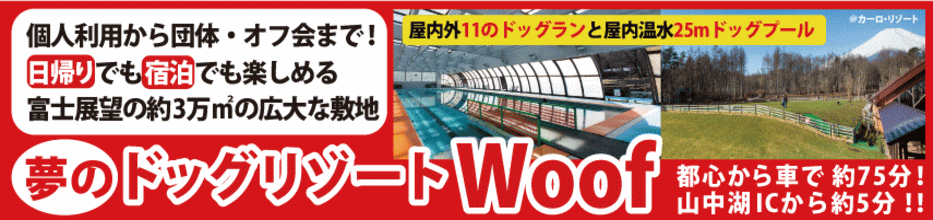 ドッグリゾートWoof　山梨県山中湖　日本一の屋内外11ヶ所のドッグラン設備　屋内温水25ｍのドッグプール　富士展望の約3万㎡の広大な敷地にドッグリゾートホテルがあります