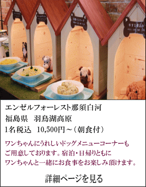 エンゼルフォーレスト那須白河　福島県羽鳥湖高原　1名税込10,500円～（朝食付）　ワンちゃんにうれしいドッグメニューコーナーもご用意しております。宿泊・日帰りともにワンちゃんと一緒にお食事をお楽しみ頂けます。　詳細ページを見る