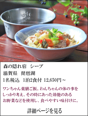 森の隠れ宿シープ　滋賀県琵琶湖　1名税込1泊2食付12,650円～　ワンちゃん薬膳ご飯。ワンちゃんの体のことをしっかり考え、その時にあった効能のあるお野菜などを使用し、食べやすい味付けに。　詳細ページを見る