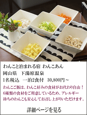 ワンコと泊まれる宿わんこあん　岡山県下湯原温泉　1名税込1泊2食付30,800円～　わんこご飯は、わんこ好みの食材がお代わり自由！6種類の食材をご用意しているため、アレルギー持ちのワンコも安心してお召し上がりいただけます。　詳細ページを見る