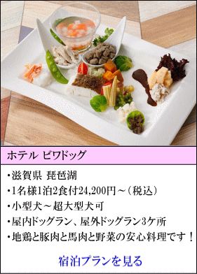 ホテルビワドッグ　滋賀県琵琶湖　1名様1泊2食付24,200円～（税込）　小型犬～超大型犬宿泊可　屋内ドッグラン、屋外ドッグラン3ヶ所　ペット食は、地鶏と豚肉と馬肉と野菜の安心料理です！　宿泊プランを見る