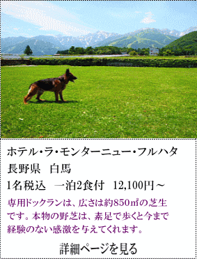 ホテル・ラ・モンターニュー・フルハタ　長野県白馬　1名税込1泊2食付12,100円～　専用ドッグランは、広さは約850㎡の芝生です。本物の芝生は、素足で歩くと今まで経験のない感激を与えてくれます。　詳細ページを見る