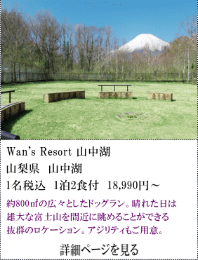 Wan'sResort山中湖　山梨県山中湖　1名税込1泊2食付18,990～　約800㎡の広々としたドッグラン。晴れた日は雄大な富士山を間近に眺めることができる抜群のロケーション。アジリティもご用意。　詳細ページを見る