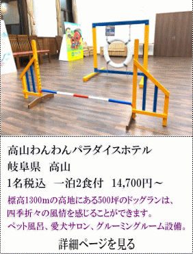 高山わんわんパラダイスホテル　岐阜県高山　1名税込1泊2食付14,700円～　標高1300ｍの高地にある500坪のドッグランは、四季折々の風情を感じることができます。ペット風呂、愛犬サロン、グルーミングルーム設備。　詳細ページを見る