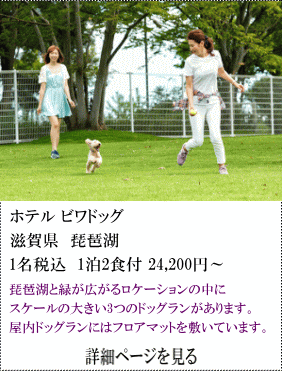 ホテルビワドッグ　滋賀県琵琶湖　1名税込1泊2食付24,200円～　琵琶湖と緑が広がるロケーションの中にスケールの大きい3つのドッグランがあります。屋内ドッグランにはフロアマットを敷いています。　詳細ページを見る