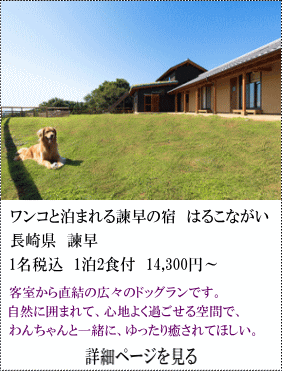 ワンコと泊まれる諫早の宿はるこながい　長崎県諫早　1名税込1泊2食付14,300円～　客室から直結の広々のドッグランです。自然に囲まれて、心地良く過ごせる空間で、ワンちゃんと一緒に、ゆったり癒されてほしい。　詳細ページを見る