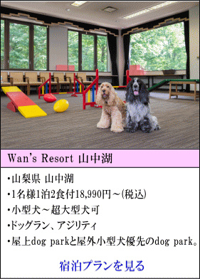 Wan's Resort 山中湖　山梨県山中湖　1名様1泊2食付18,990円～（税込）　小型犬～超大型犬宿泊可　ドッグラン、アジリティあり　屋上Dog Parkと屋外小型犬優先のDog Parkあり。　宿泊プランを見る