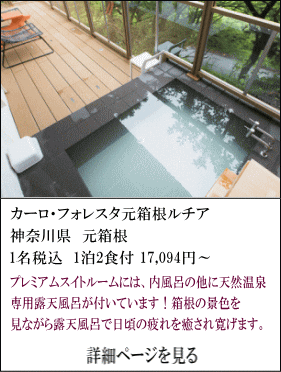 カーロ・フォレスタ元箱根ルチア　神奈川県元箱根　1名税込1泊2食付17,094円～　プレミアムスイトルームには、内風呂の他に天然温泉専用露天風呂が付いています。箱根の景色を見ながら露天風呂で日頃の疲れを癒され寛げます。　詳細ページを見る