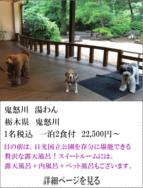 鬼怒川湯わん　栃木県鬼怒川　1名税込1泊2食付22,500円～　目の前は日光国立公園を存分に堪能できる贅沢なト点風呂！スイートルームには、露天風呂＋内風呂＋ペット風呂もございます。　詳細ページを見る