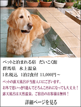 ペットと泊まれる宿だいこく館　群馬県水上温泉　1名税込1泊2食付11,000円～　ペットの露天風呂が当館入口にございます。お外で思いっきり遊んでどろんこ汚れになっても大丈夫！露天風呂は天然温泉。ご宿泊のお客様は無料！　詳細ページを見る