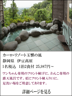 カーロ・リゾート玉響の風　静岡県伊豆高原　1名税込1泊2食付25,987円～　ワンちゃん専用のフロント棟1Fに、ワンコ専用の露天風呂です。更にフロント棟入口に、足洗い場をご用意してあります。　詳細ページを見る