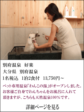 別府温泉好楽　大分県別府温泉　1名税込1泊2食付13,750円～　ペット専用温泉「ワンコの湯」がオープンしました。お客様ご自身でワンちゃんをお風呂に入れて頂きますがこちらも天然温泉100%です。　詳細ページを見る