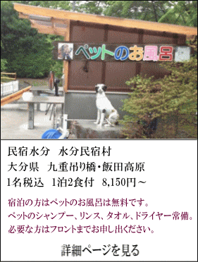 民宿水分水分民宿村　大分県九重釣り橋・飯田高原　1名税込1泊2食付8,150円～　宿泊の方は、ペットのお風呂は無料です。ペットのシャンプー、リンス、タオル、ドライヤー常備。必要な方は、フロントまでお申し出でください。　詳細ページを見る