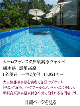 カーロ・フォレスタ那須高原ヴォルぺ　栃木県那須高原　1名税込1泊2食付16,054円～　大自然那須高原を満喫できるドッグランやトリミングっ施設、ドッグプールなど、ペットに優しい、那須高原源泉温泉付きペッと泊まれる専門宿です。　詳細ページを見る