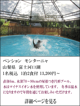 ペンションモンターニャ　山梨県富士河口湖　1名税込1泊2食付13,200円～　直径6ｍ、水深70～90cmの屋根付き円形型プール。水はマイナスイオン水を使用しています。冬季は温水になりますので年間を通じてお楽しみいただけます。　詳細ページを見る